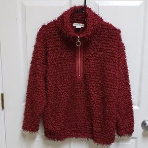 SKYE'S THE LIMIT Womens M Red Cranberry Shaggy Teddy Zip Pullover Sweater Top